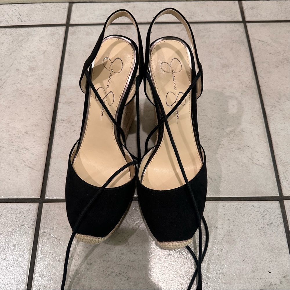 Jessica Simpson Black Espadrille Wedge Sandals with Wrap Ankle Ties - Picture 2 of 10